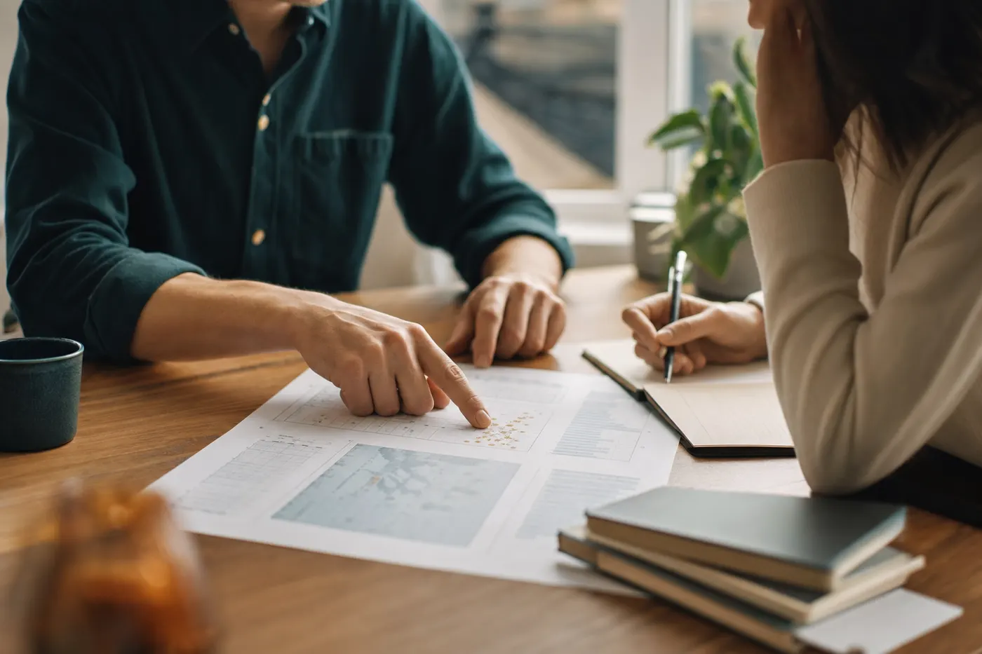 A statistician and a researcher reviewing printed statistical output together at a desk