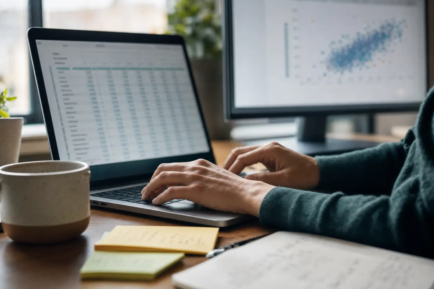 A statistician running an analysis in SPSS on a laptop beside a second screen of output tables