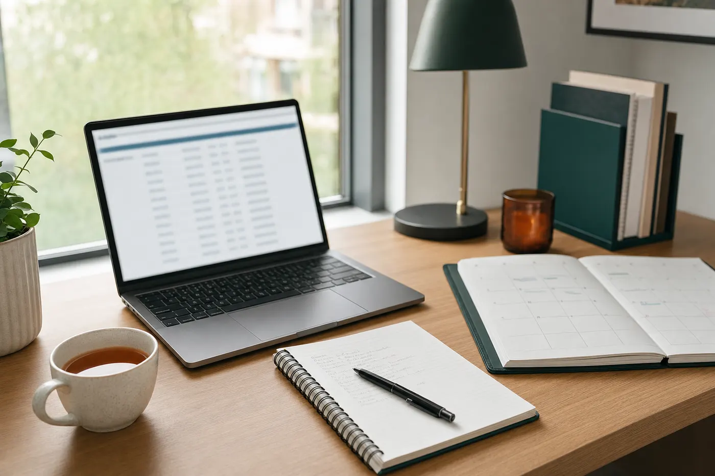 A focused master's student study desk with a laptop, planner, and a single notebook by a window