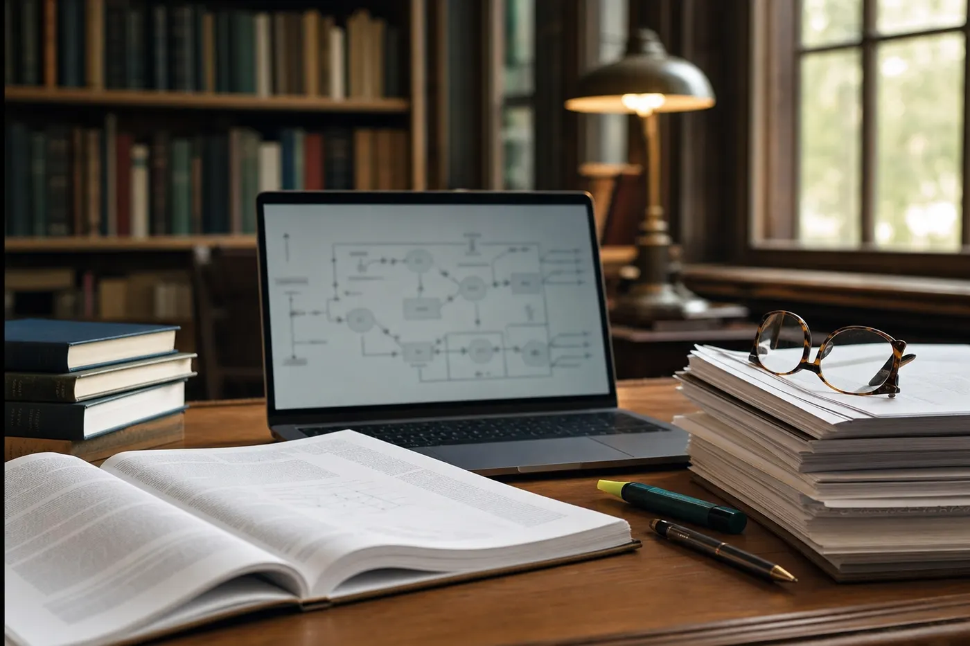 A doctoral researcher's library desk with journals and a laptop showing a statistical model