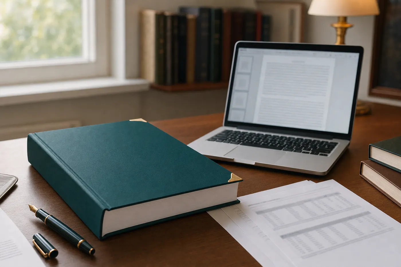 A bound thesis manuscript on a desk beside a laptop showing a results chapter